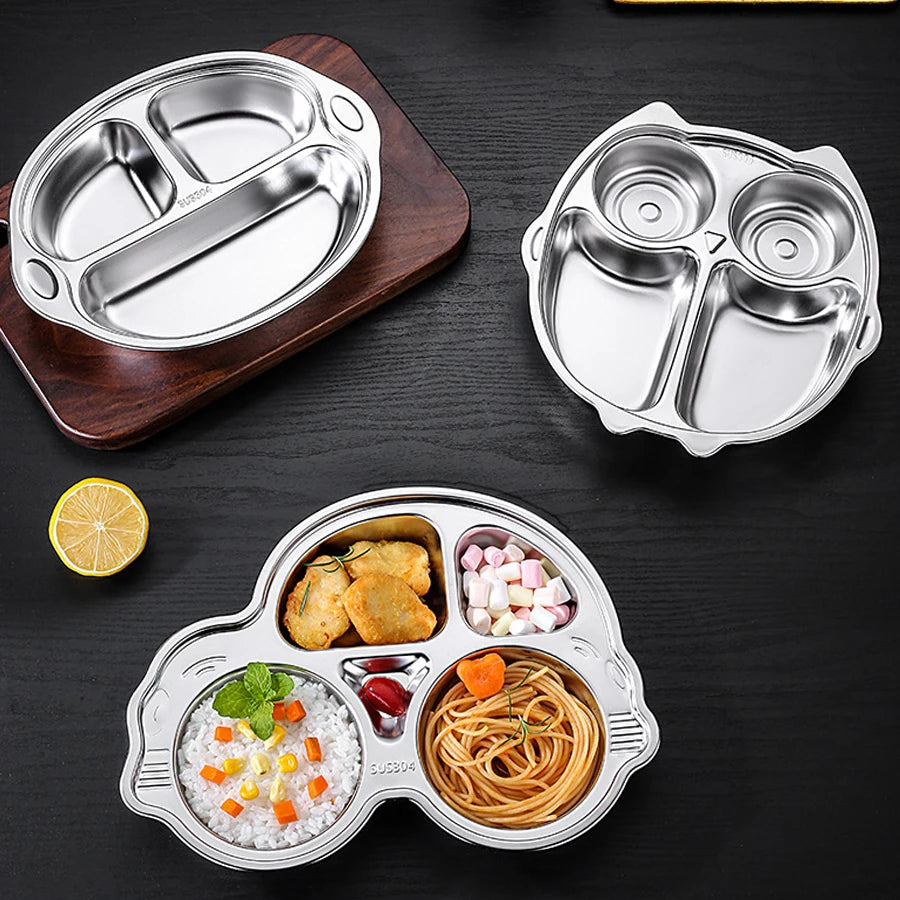 Kids Stainless Steel Dinner Plate - 304 Food Grade Cartoon Divided Plate for Breakfast, Meals, Home & Kindergarten Use