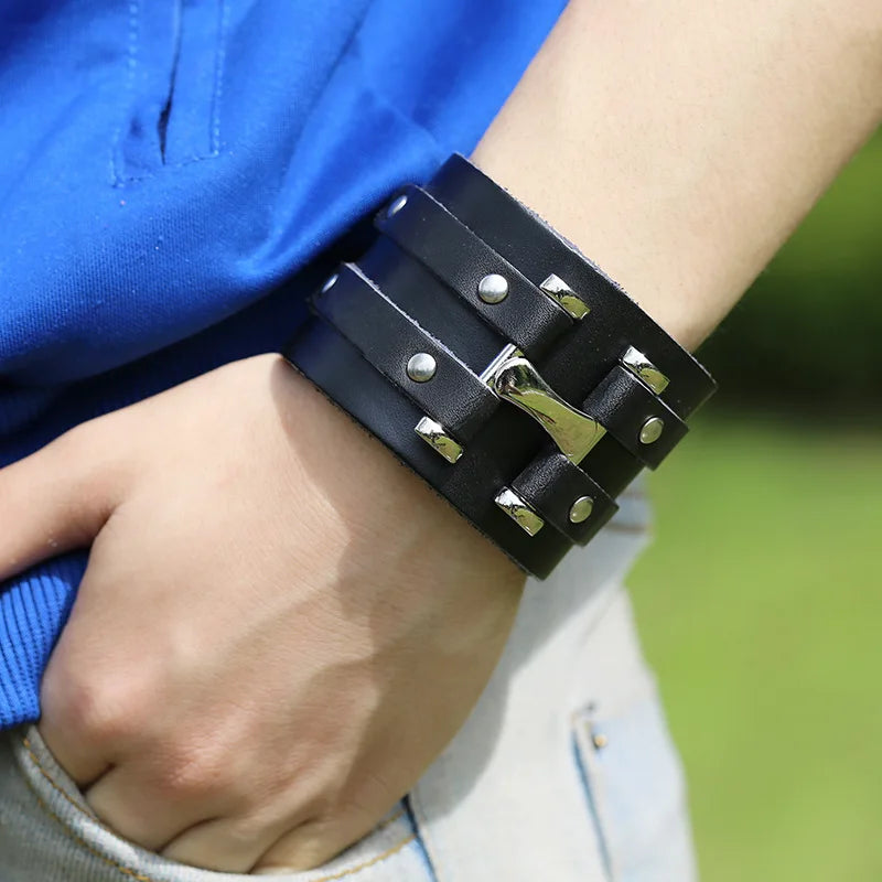 New Vintage Leather Wristband Bracelet – Gothic Punk Cuff with Concealed Buckle, Adjustable Metal Armbands for Men