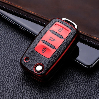 TPU Leather Car Key Case - Full Cover Protection Shell for VW Volkswagen Polo, Tiguan, Passat, Golf, Jetta, Lavida, Skoda Octavia