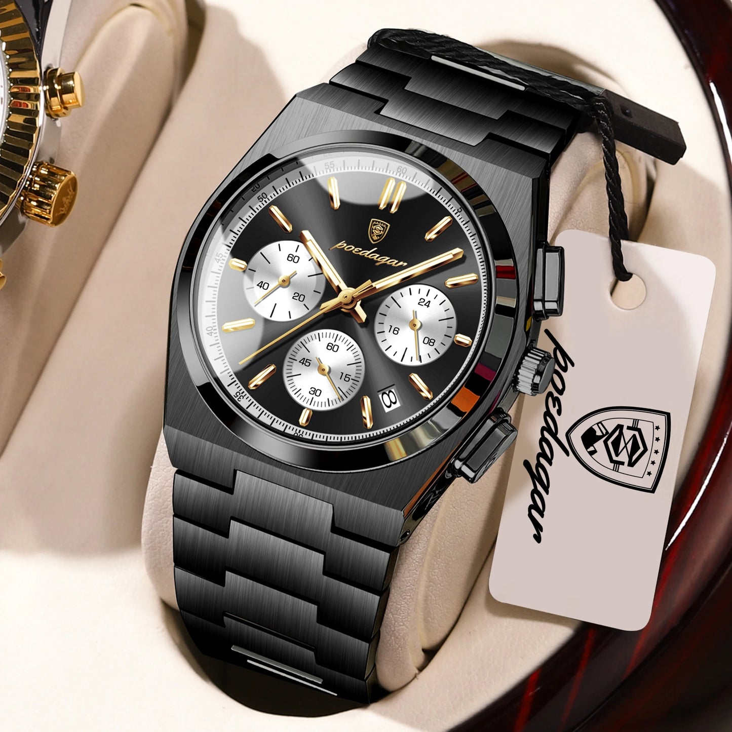 POEDAGAR Luxury Men’s Sport Chronograph Watch – Stainless Steel Waterproof Quartz Wristwatch with Date & Luminous Display
