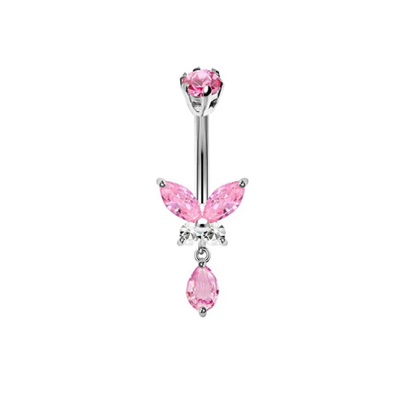 Pink Crown Belly Button Ring – Stainless Steel Heart Navel Piercing Barbell with Crystal for Women & Girls