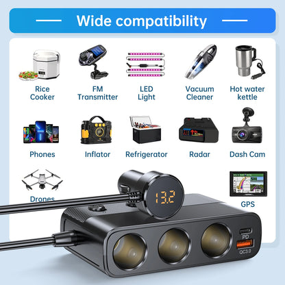 New 127W 7-in-1 Car Charger Splitter: PD30W QC3.0 Cigarette Lighter Adapter - Socket Splitter with Switch, Car Cigarette Lighter Accessory