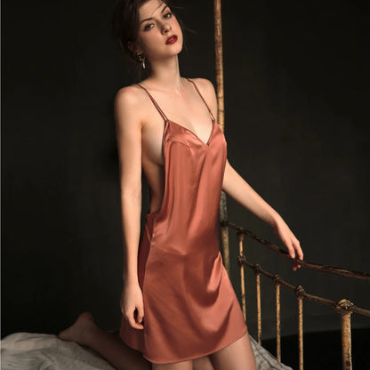 Women’s Sexy Deep V Suspender Nightdress – Silk-Like Sleepwear Backless Pajama Gown