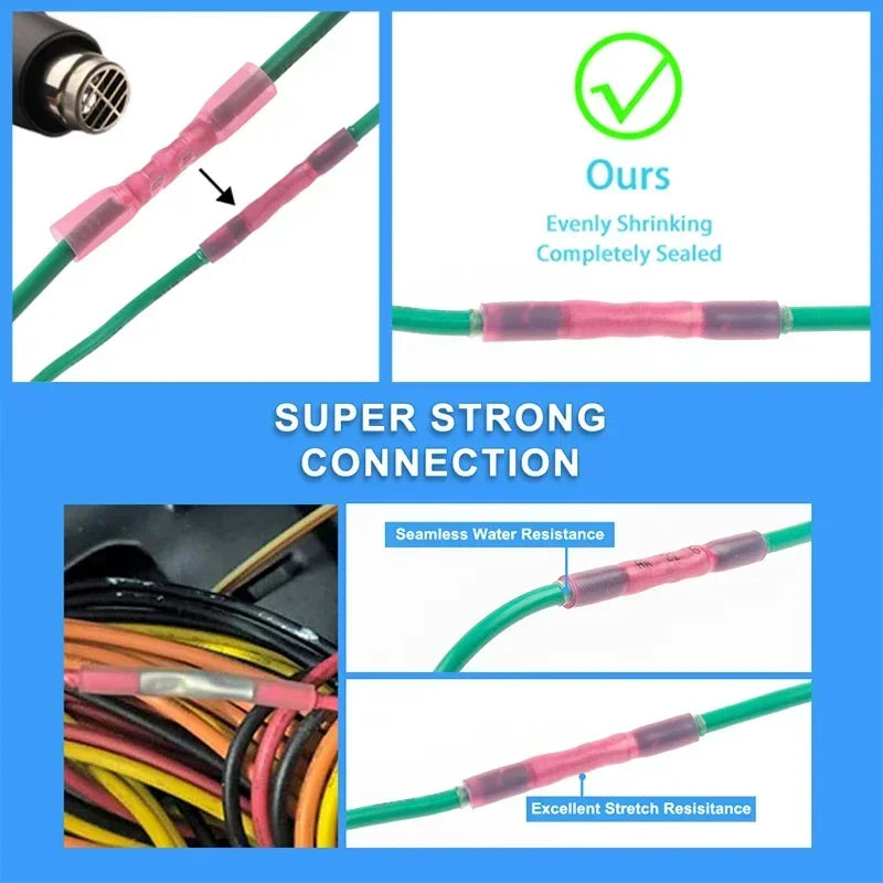 10/50/100/200PCS Heat Shrink Butt Connectors – AWG 24-10 (0.3-6.0mm²) Waterproof Insulated Wire Crimp Terminals for Automotive Cables