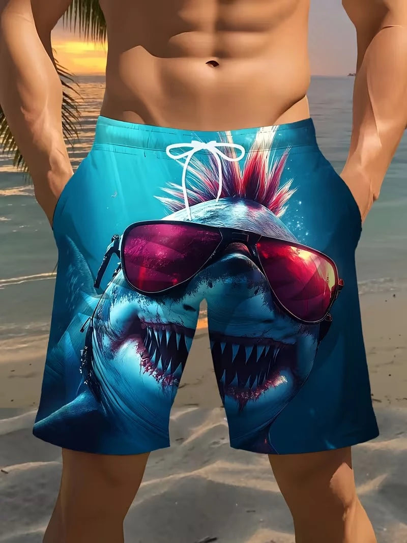3D Shark Print Swim Shorts - Quick-Dry Drawstring Beach Trunks