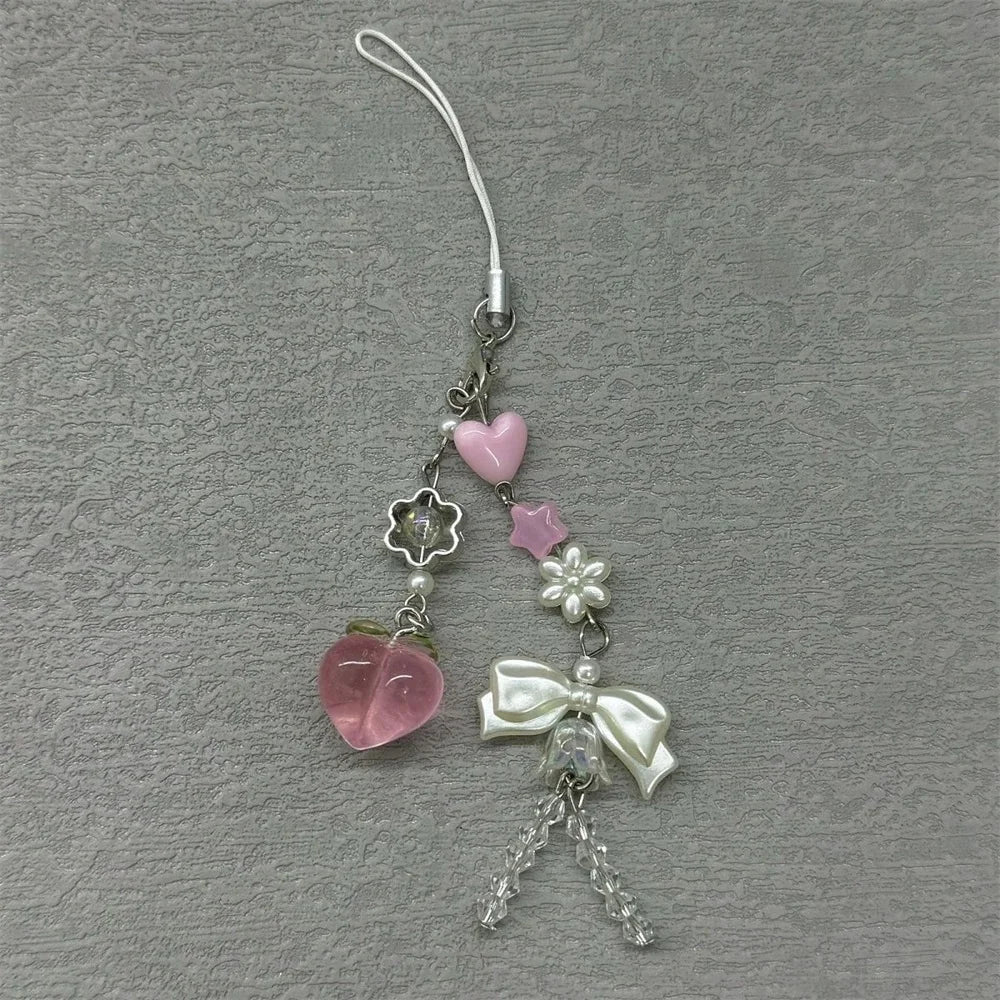Pink Peach Phone Charm - Cute Bowknot Beaded Handmade Pendant Keychain for iPhone Camera Chain & Sweet Accessories
