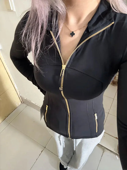 Gold Zipper Women's Yoga Jacket - Slimming Stand-Up Collar Fitness Sports Top