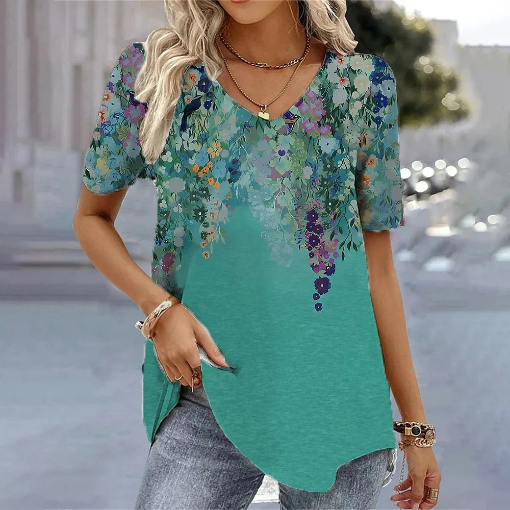 Women's 3D Flower Print V-Neck T-Shirt - Oversized Kawaii Summer Casual Blouse Top Fashion Clothing