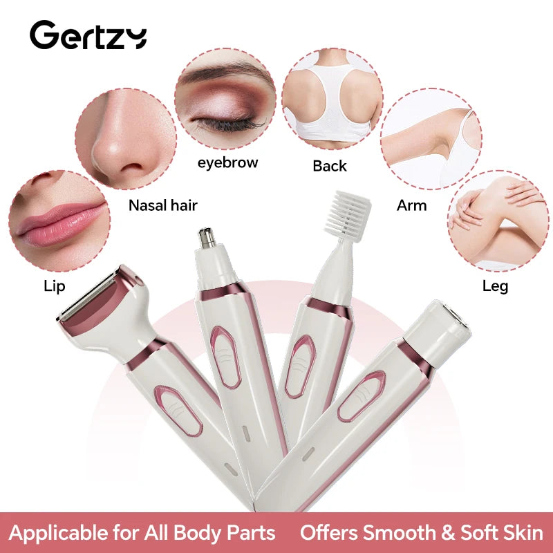 4-in-1 Rechargeable Electric Razor for Women – Wet & Dry Painless Trimmer for Face, Nose, Legs, Underarm & Bikini