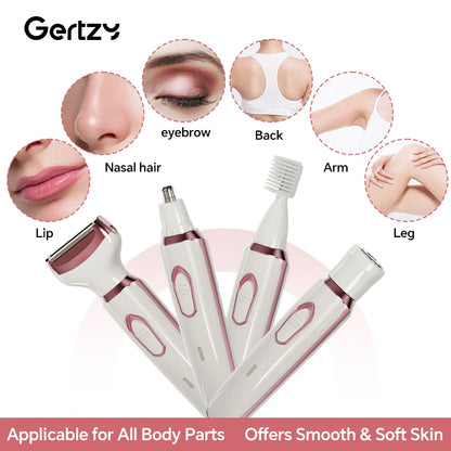 4-in-1 Rechargeable Electric Razor for Women – Wet & Dry Painless Trimmer for Face, Nose, Legs, Underarm & Bikini