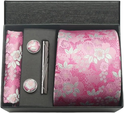 100% Silk Men’s Necktie Set with Paisley Floral Design, Business Tie with Pocket Square, Tie Clip & Cufflinks Gift Box Set for Men