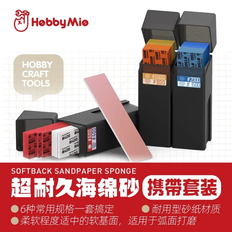 HOBBY MIO #400–#2000 Softback Sandpaper Sponge Set – Curved Sanding Tools with Storage Box for Plastic Model Polishing