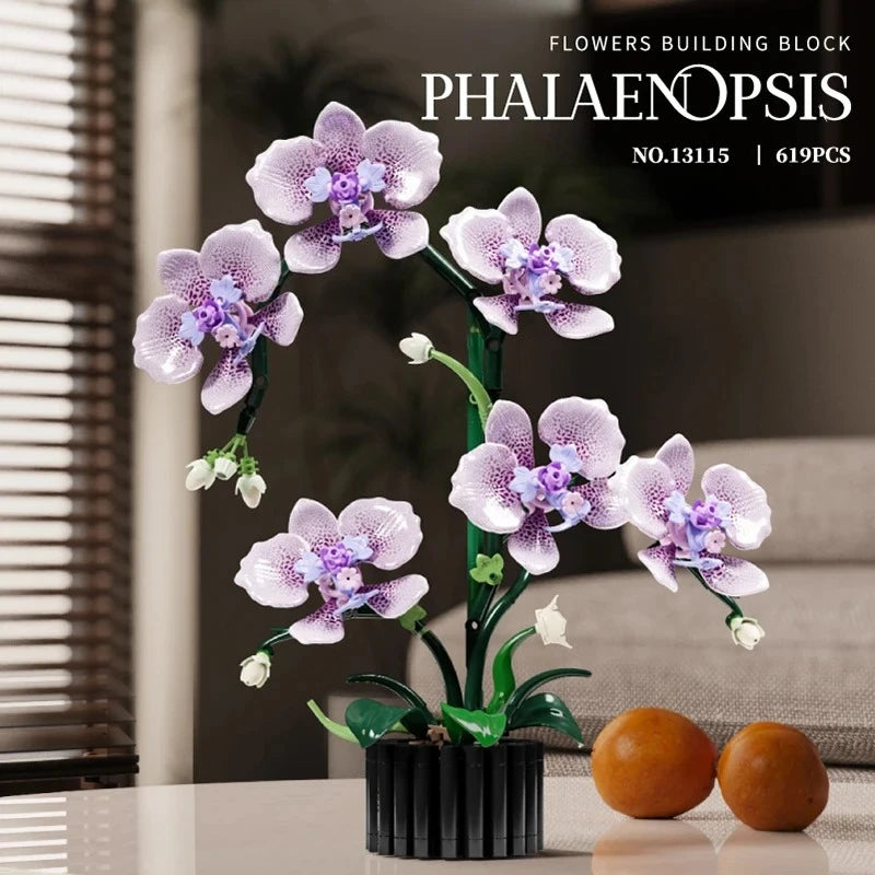 619PCS Phalaenopsis Orchid Building Blocks – Potted Flower Model Toy for Kids & Home Decor