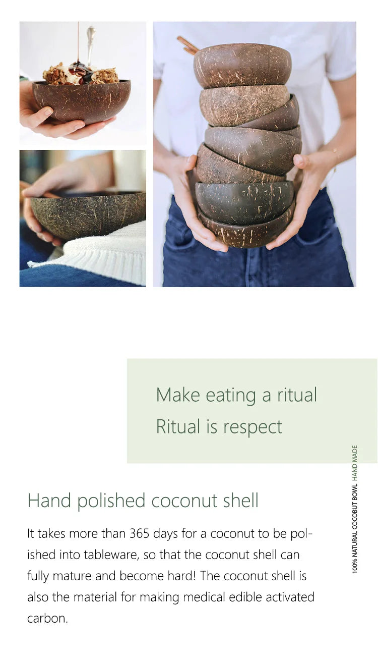 Natural Coconut Bowl with Wooden Spoon – 12–15cm Handmade Tableware for Salad, Dessert, Rice & Ramen