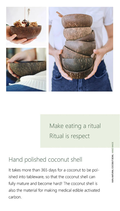 Natural Coconut Bowl with Wooden Spoon – 12–15cm Handmade Tableware for Salad, Dessert, Rice & Ramen