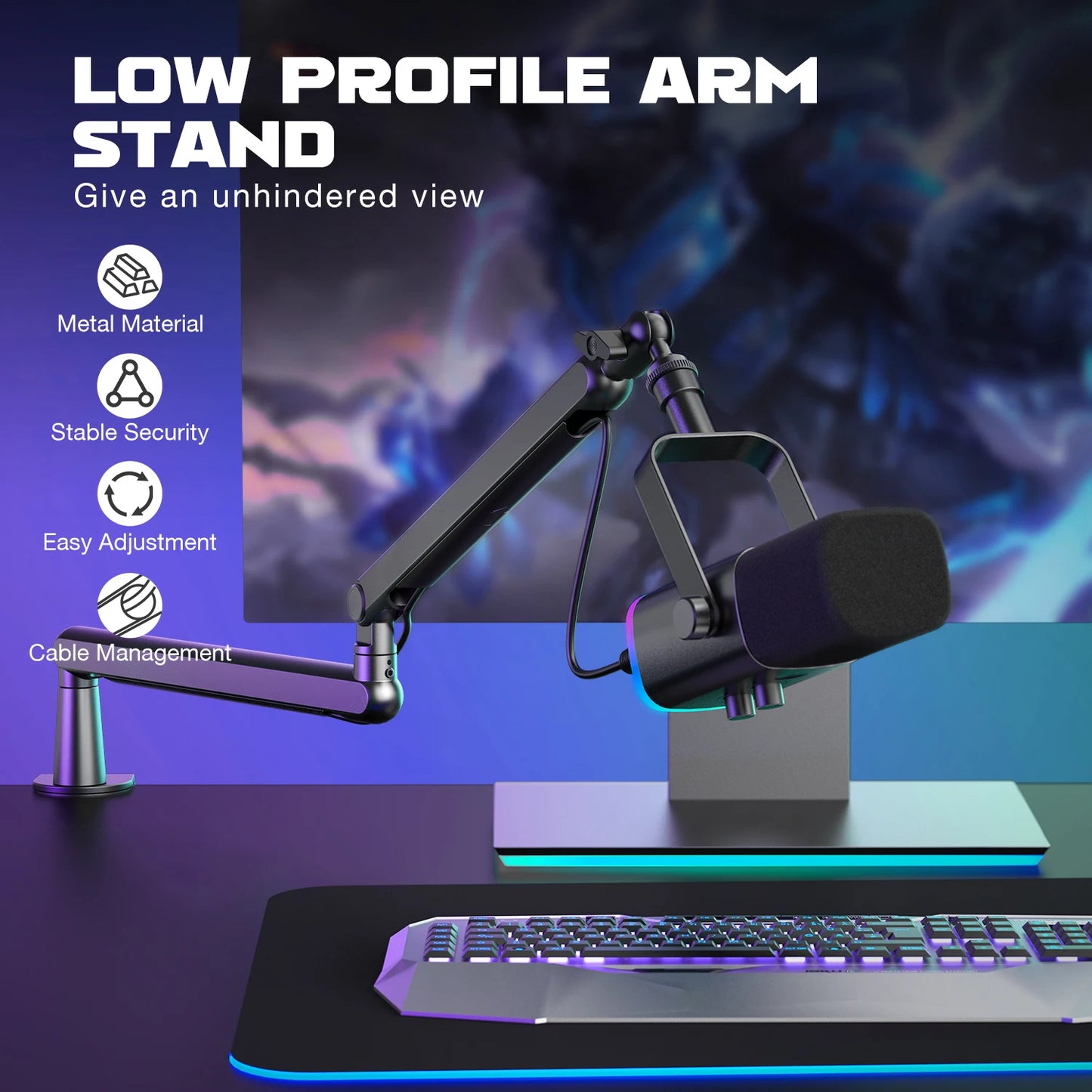 FIFINE Adjustable Low-Profile Desk Microphone Arm Stand – Suspension Boom with Cable Management for K688, Ampligame & AM8-BM88