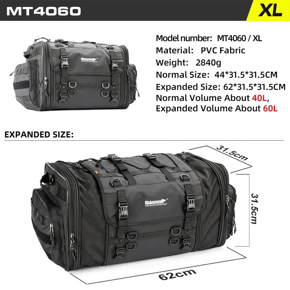 Rhinowalk Waterproof Motorcycle Travel Luggage Bag – 19L–80L Expandable Rear Tail/Trunk Rack Bag for Most Motorcycles