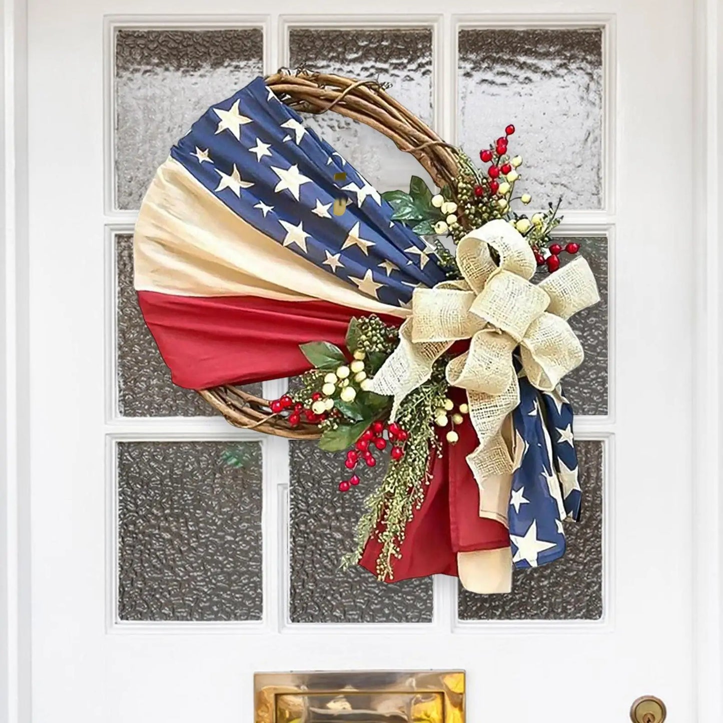 Patriotic American Flag Wreath for Front Door – Independence Day Hanging Decoration for Indoor & Outdoor Window Use, Artificial Red White Blue Wreath