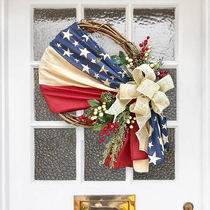 Patriotic American Flag Wreath for Front Door – Independence Day Hanging Decoration for Indoor & Outdoor Window Use, Artificial Red White Blue Wreath