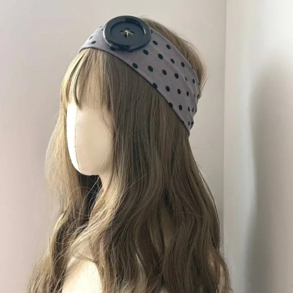 Y2K Vintage Polka Dot Headband - Trendy Button Hairband for Women, Cute Casual, Sports, and Yoga Accessories