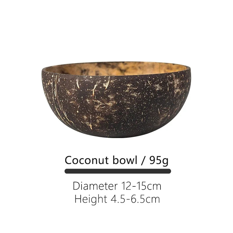 Natural Coconut Bowl with Wooden Spoon – 12–15cm Handmade Tableware for Salad, Dessert, Rice & Ramen