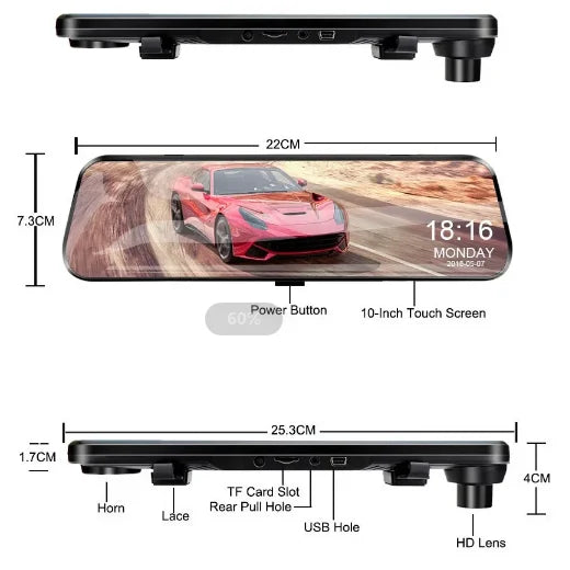 10-Inch Mirror Camera for Car – Touch Screen Video Recorder, Front & Rear Dash Cam, Rearview Mirror DVR Black Box