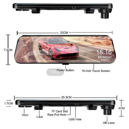 10-Inch Mirror Camera for Car – Touch Screen Video Recorder, Front & Rear Dash Cam, Rearview Mirror DVR Black Box