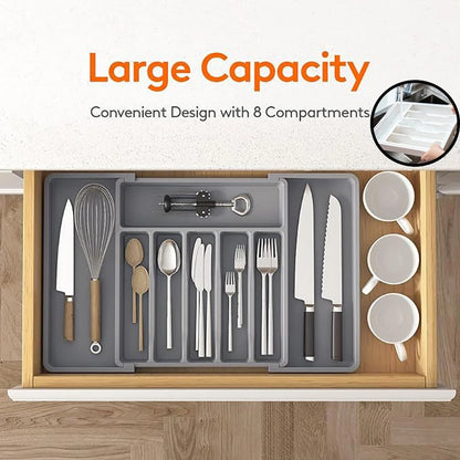 Expandable Adjustable Cutlery Drawer Organizer – Kitchen Utensil Tray with Compartments and Flatware Divider