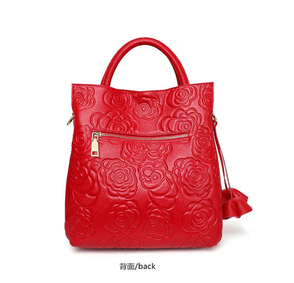 Classic Embossed Women’s Leather Bag — Large Capacity Top Cowhide Crossbody Purse