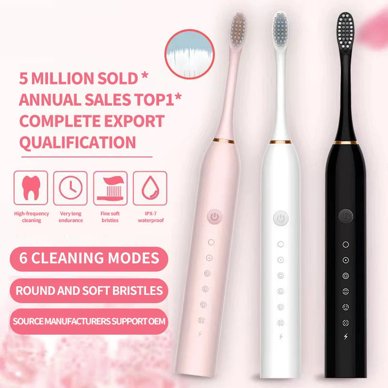 Sonic Electric Toothbrush for Adults – USB Rechargeable IPX7 Waterproof with DuPont Brush Heads & 6 Cleaning Modes