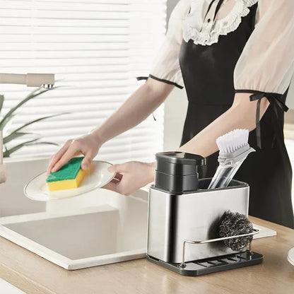 3-in-1 Kitchen Soap Dispenser and Cutlery Holder - Stainless Steel Utensil Organizer with Drainer and Dish Drying Rack