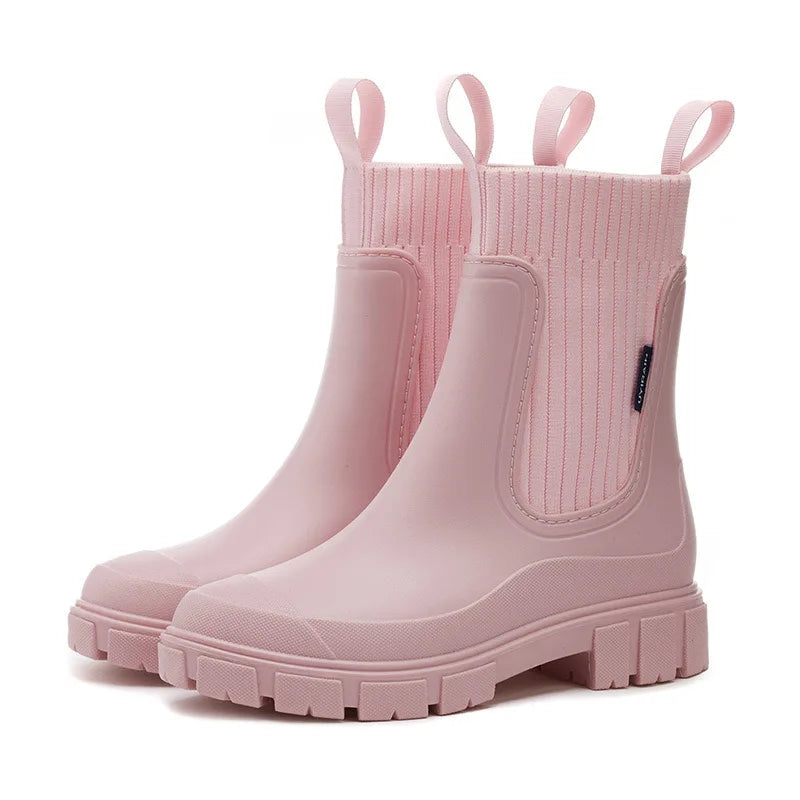 Women’s Mid-Calf PVC Rain Boots – Waterproof Solid Round Toe Platform Shoes