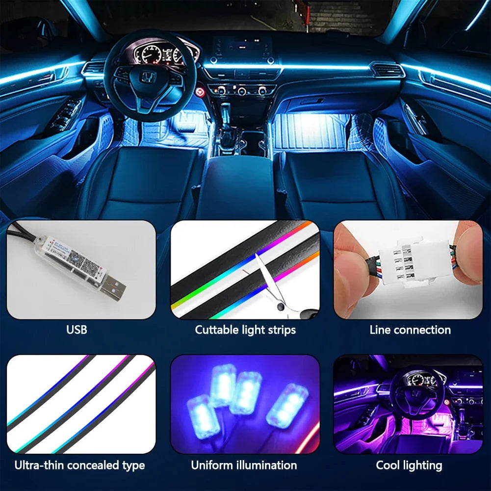 Universal Car LED Ambient Light Strip - RGB Interior Atmosphere Lights with USB, APP & Remote Control