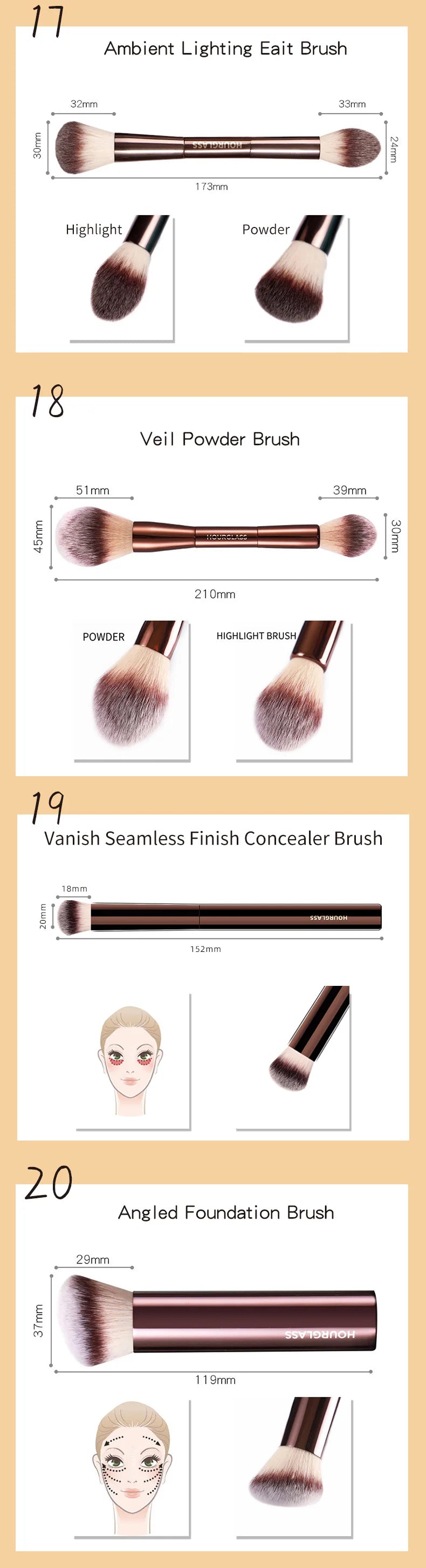 Hourglass Makeup Brushes Set – Powder, Foundation, Concealer, Blusher, Bronzer, Eyeshadow & Eyebrow Sculpting Brushes