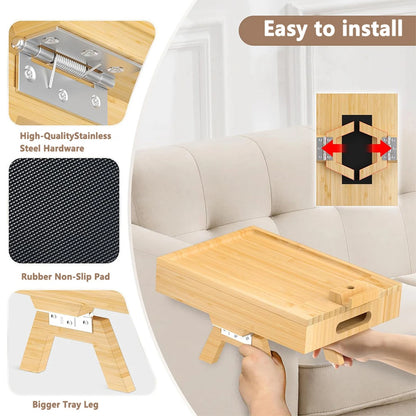 Sofa Armrest Tray with Storage Box – Bamboo Couch Arm Table with 360° Rotating Top & Phone Stand