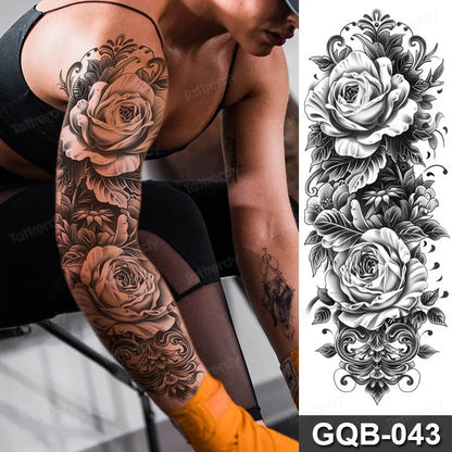 Full Arm Dragon Skull Tattoo Sleeve - Waterproof Temporary Body Art Sticker with Clock Compass Flower Design for Men & Women
