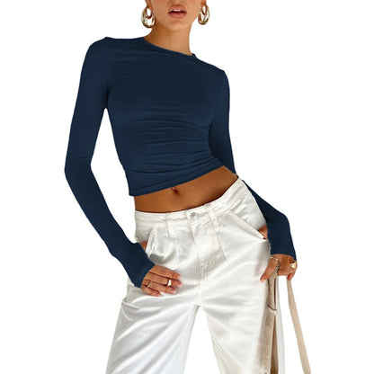 Women’s Long Sleeve Slim Fit Crop Top T-Shirt – Crew Neck Solid Color Thumb Hole Streetwear Summer Camisole Top