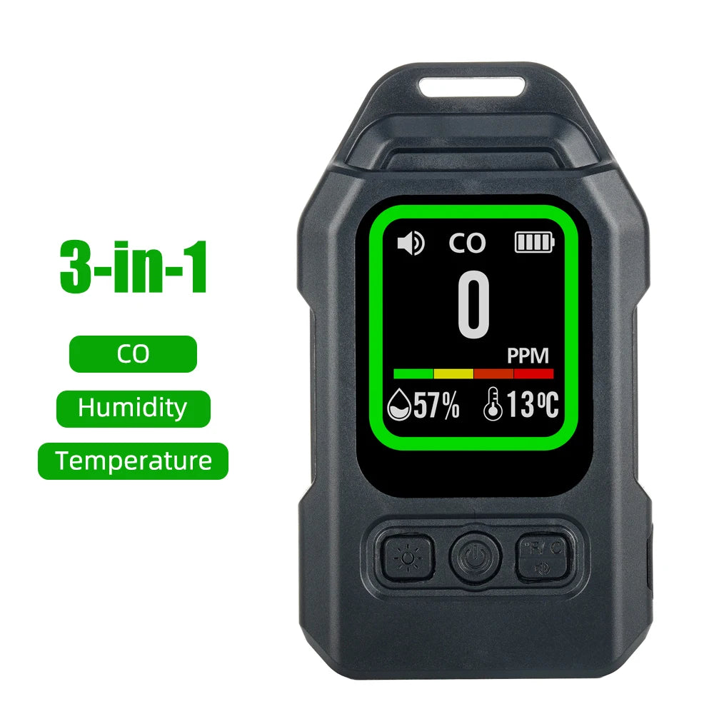 Yieryi 3-in-1 CO Gas Leak Detector - Portable Carbon Monoxide Alarm with Flashlight, Temperature & Humidity Meter for Indoor Use