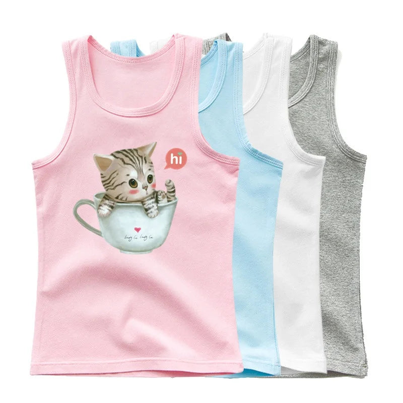 Girls Owl Print Tank Top - Sleeveless Cotton Sports Vest Shirt for Kids 3-14 Years