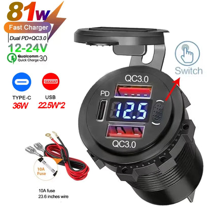 117W Dual USB Car Charger - PD & QC3.0 Fast Charging Adapter with Voltmeter Waterproof Socket for 12V/24V Vehicles