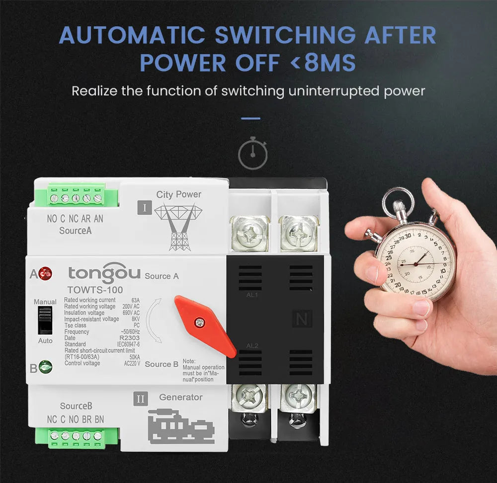 TONGOU Din Rail ATS Dual Power Automatic Transfer Switch – 2P 3P 4P Electrical Selector, Uninterrupted Power, 63A-100A Mini