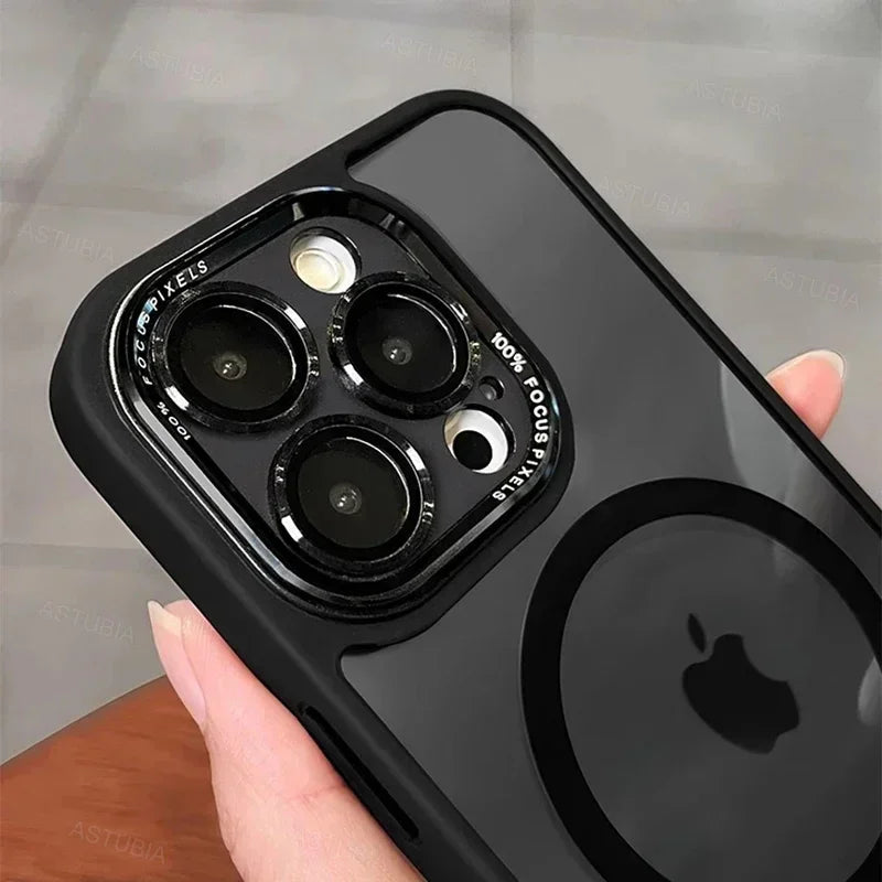 Luxury Magnetic Metal Lens Case – Hard Clear Protective Cover for iPhone 16, 15, 14, 13, 12, 11 Pro Max with Wireless Charging
