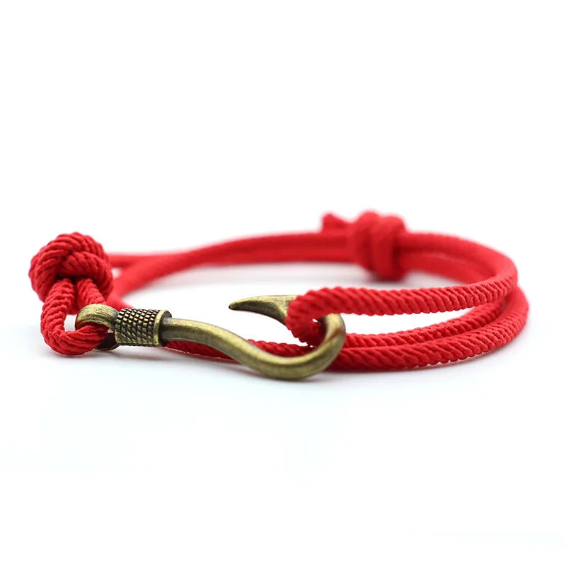 Vintage Fish Hook Men's Bracelet – Double Layer Braided Lucky Wine Red Adjustable Bracelet, Gift for Him