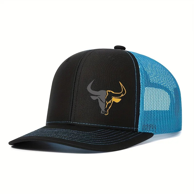 Bull Head Print Mesh Trucker Cap - Breathable Outdoor Baseball Hat for Men & Women Fishing Sports Style