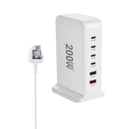 200W GaN Desktop Quick Charger - 168W PD, 6-Port USB Type C with USA, EU, AUS, UK Plug Adapters for Mobile Phones and Laptops