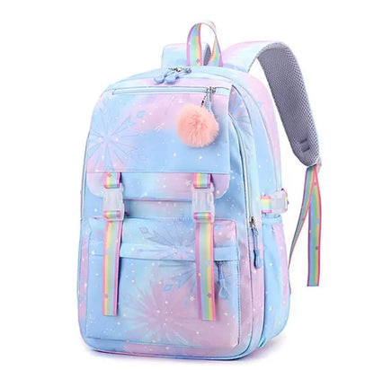 MINISO Kawaii Frozen Girls Backpack – Rainbow Schoolbag & Travel Laptop Bag for Kids & Teenagers