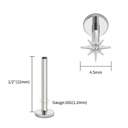Right Grand ASTM F136 Titanium CZ North Star 16G Flat Back Earring – Tiny Starburst Helix, Cartilage & Earlobe Stud Piercing Jewelry