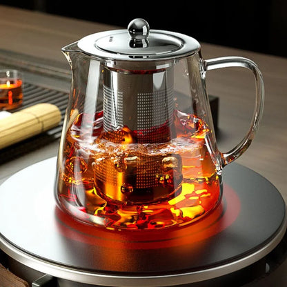 Heat-Resistant Glass Teapot with Stainless Steel Tea Strainer Infuser – Flower Kettle Kung Fu Teaware Set for Puer & Oolong Tea