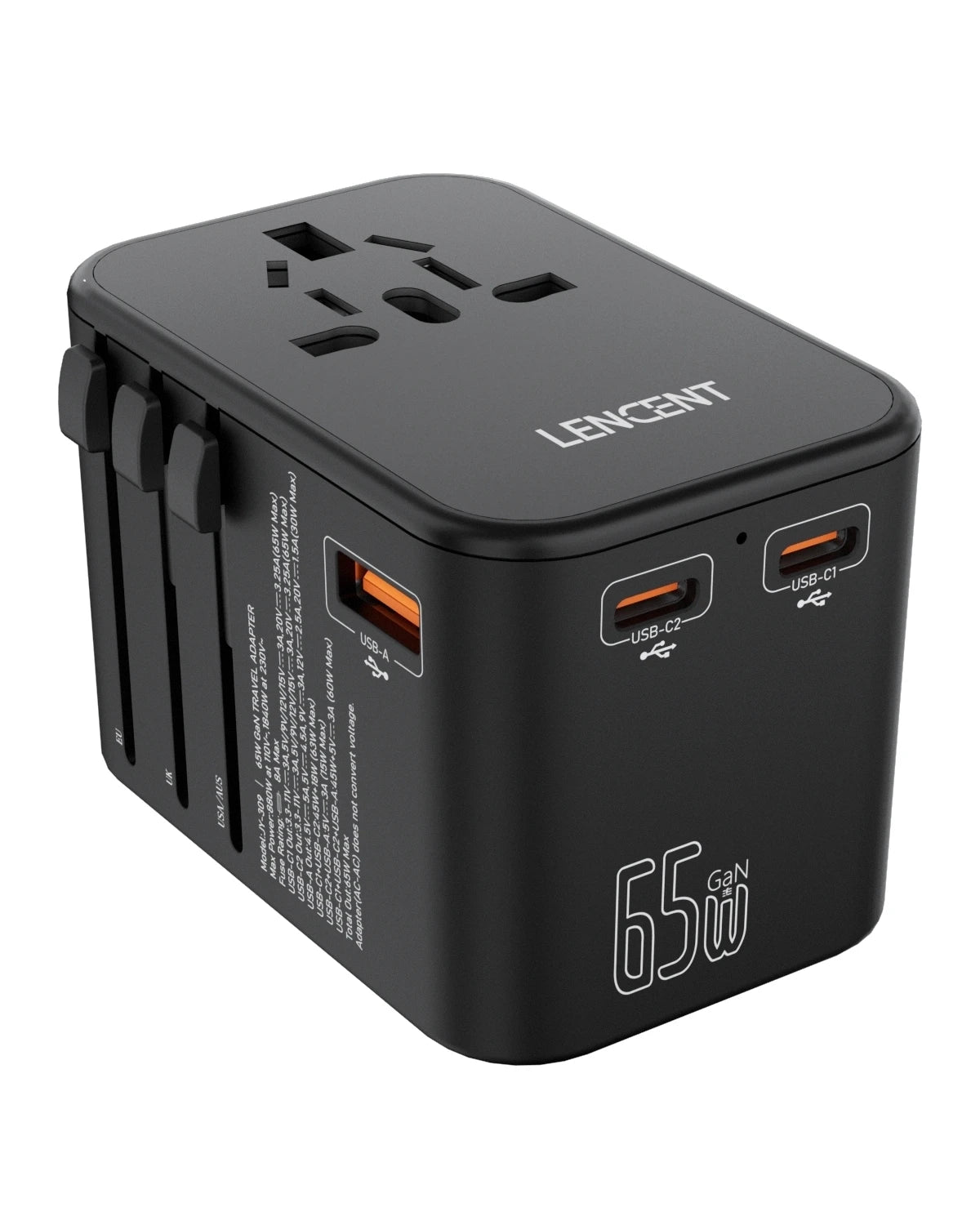 LENCENT 65W/100W GaN Fast Charging International Travel Adapter - 2 USB and 3 Type-C Ports, Includes EU, AU, US, UK Plugs