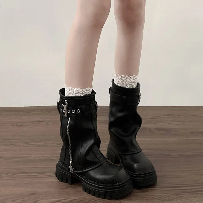 Women’s Winter Biker Boots – Fashion Belt Buckle Platform Short Booties, Casual Knight-Style Flats
